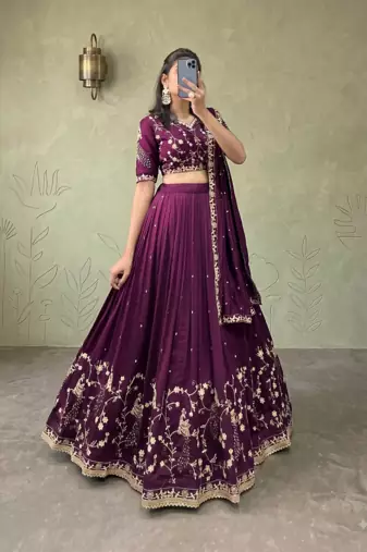 Womens Deep Purple Vichitra Silk Lehenga Choli with Intricate Peacock Embroidery