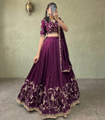 Womens Deep Purple Vichitra Silk Lehenga Choli with Intricate Peacock Embroidery