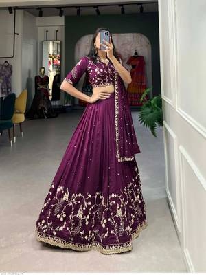 Womens  Deep Purple Vichitra Silk Lehenga Choli with Intricate Peacock Embroidery 1