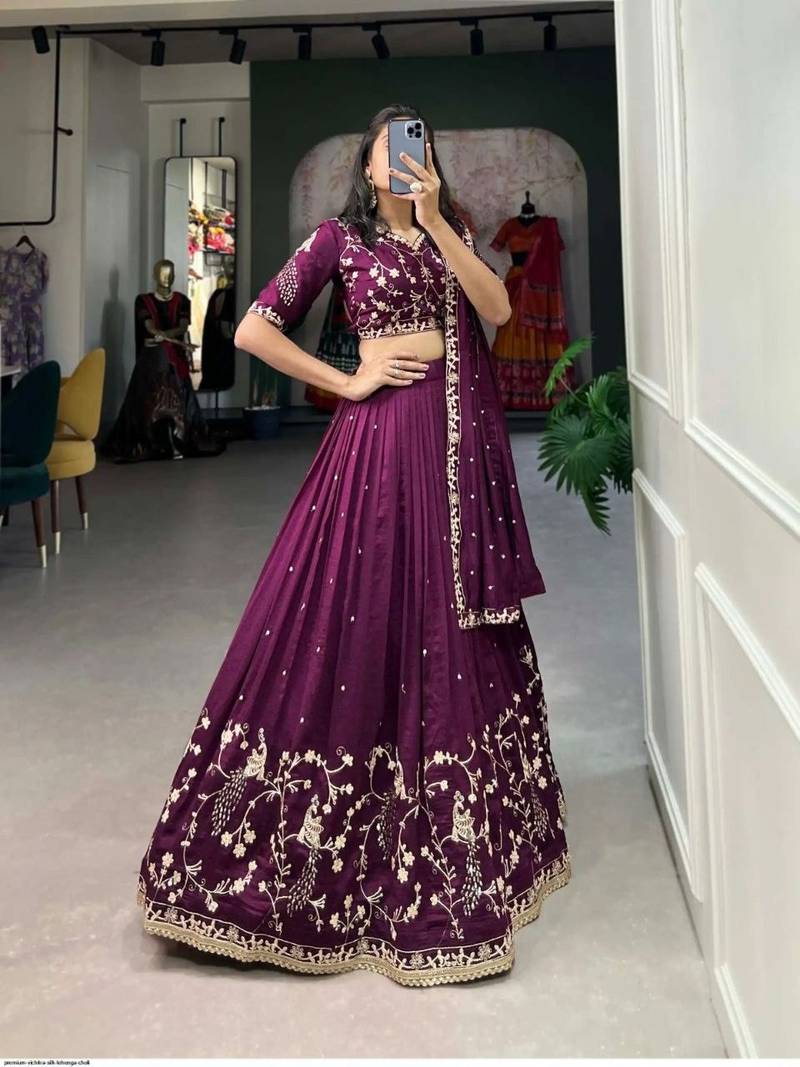 Womens New Trendy Premium Deep Purple Vichitra Silk Lehenga Choli with Intricate Peacock Embroidery