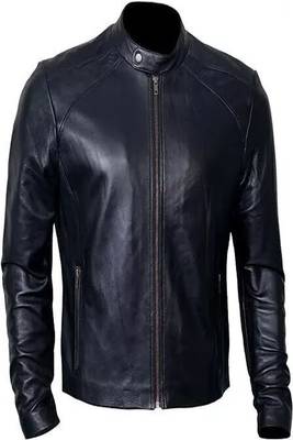 Men's black lambskin leather jacket-straight zipper & café racer collar biker style 1