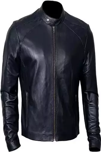 Men's black lambskin leather jacket-straight zipper & café racer collar biker style