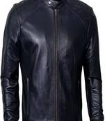 Men's black lambskin leather jacket-straight zipper & café racer collar biker style