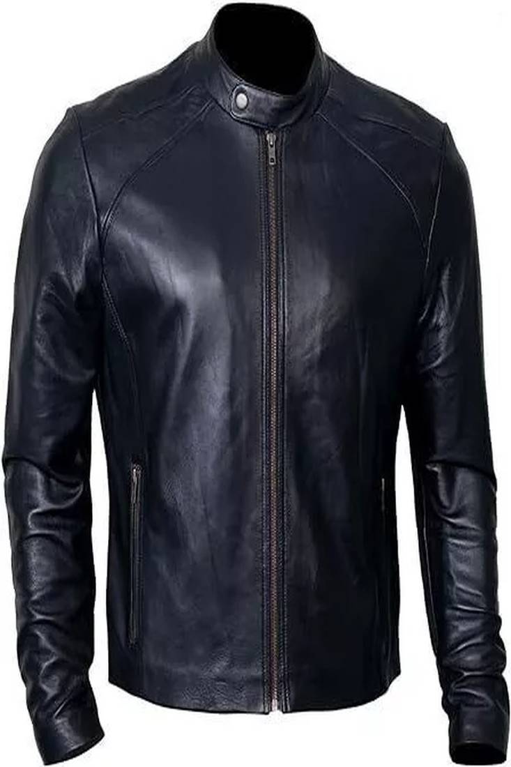 Men's black lambskin leather jacket-straight zipper & café racer collar biker style