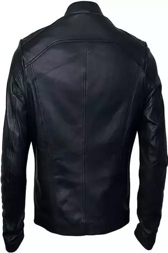 Men's black lambskin leather jacket-straight zipper & café racer collar biker style