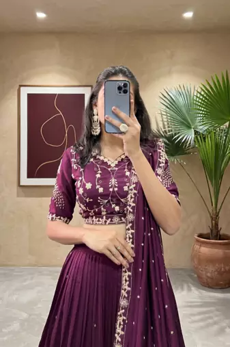 Womens Deep Purple Vichitra Silk Lehenga Choli with Intricate Peacock Embroidery