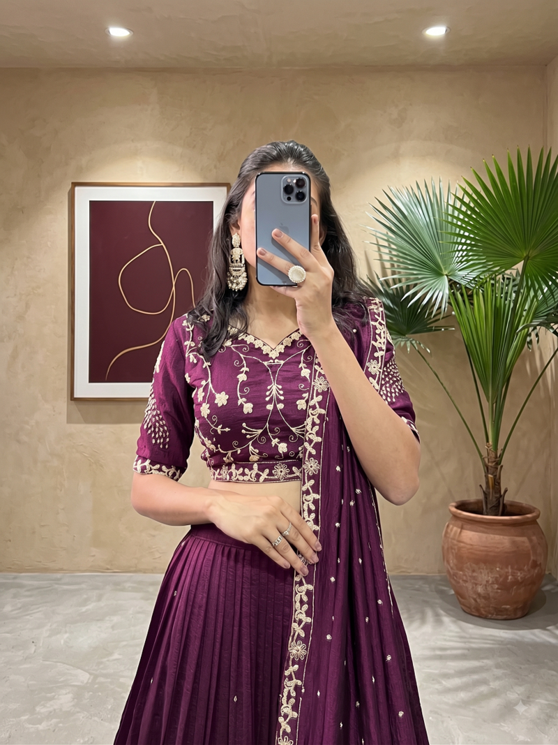 Womens Deep Purple Vichitra Silk Lehenga Choli with Intricate Peacock Embroidery