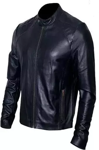 Men's black lambskin leather jacket-straight zipper & café racer collar biker style