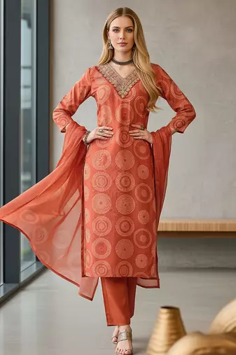 Women's orange rayon printed with embroidery worked straight kurta set with pant & dupatta