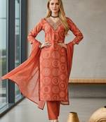 Women's orange rayon printed with embroidery worked straight kurta set with pant & dupatta