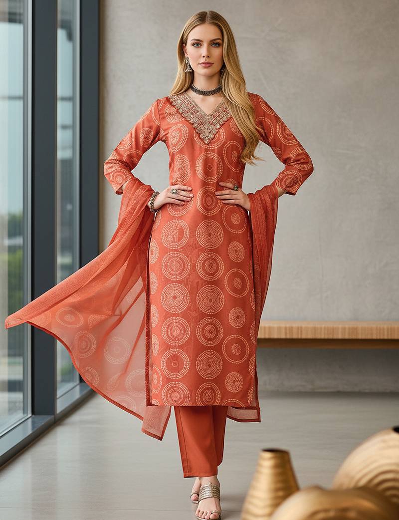 Women's orange rayon printed with embroidery worked straight kurta set with pant & dupatta