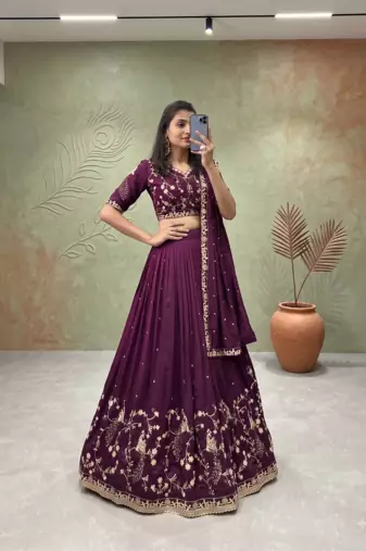 Womens Deep Purple Vichitra Silk Lehenga Choli with Intricate Peacock Embroidery