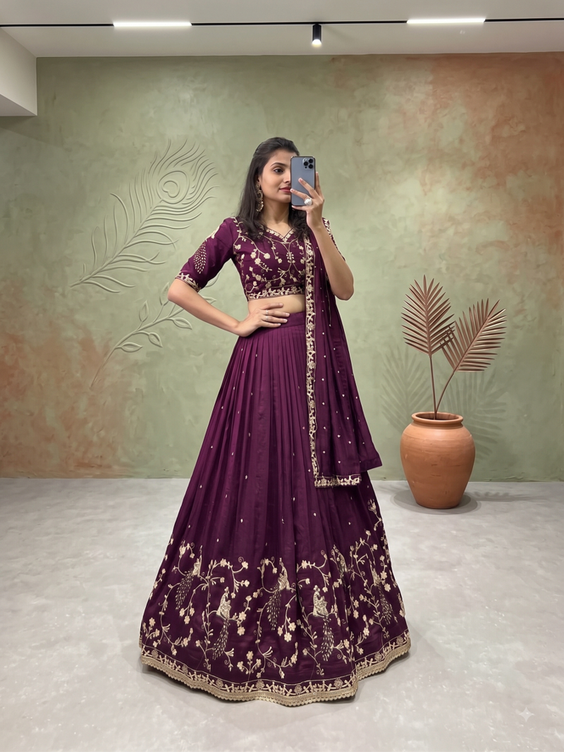Womens Deep Purple Vichitra Silk Lehenga Choli with Intricate Peacock Embroidery