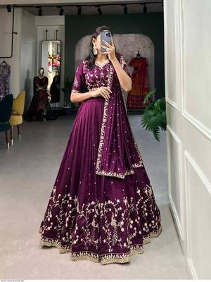 Womens  Deep Purple Vichitra Silk Lehenga Choli with Intricate Peacock Embroidery 3