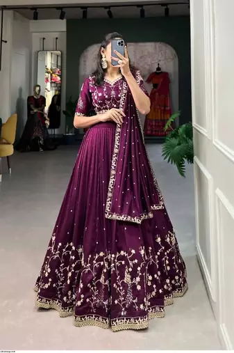 Womens Premium Deep Purple Vichitra Silk Lehenga Choli with Intricate Peacock Embroidery