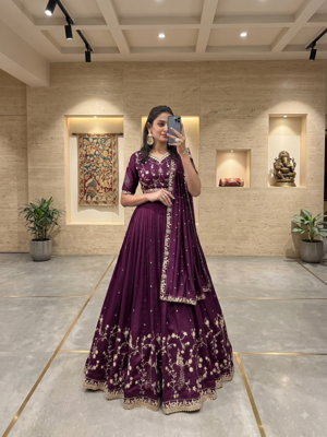 Womens Deep Purple Vichitra Silk Lehenga Choli with Intricate Peacock Embroidery 4
