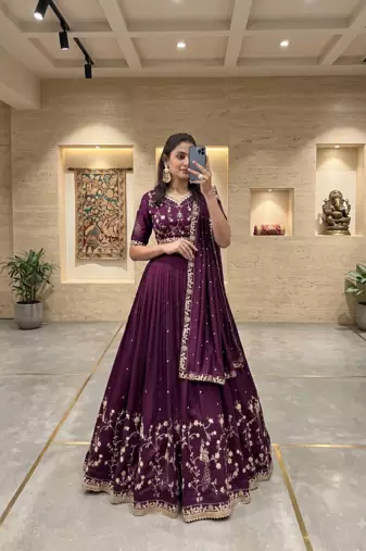 Womens Deep Purple Vichitra Silk Lehenga Choli with Intricate Peacock Embroidery