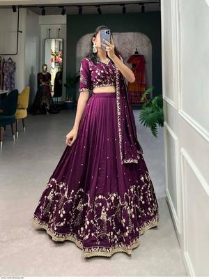 Womens  Deep Purple Vichitra Silk Lehenga Choli with Intricate Peacock Embroidery 4