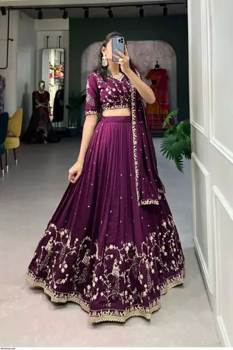 Womens Premium Deep Purple Vichitra Silk Lehenga Choli with Intricate Peacock Embroidery
