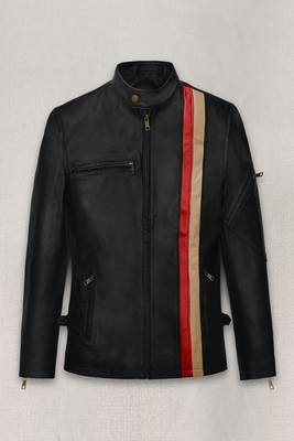 Men's black & red & yellow lambskin leather jacket-straight zipper & café racer collar biker style 1