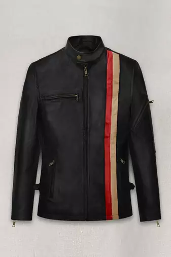 Men's black & red & yellow lambskin leather jacket-straight zipper & café racer collar biker style