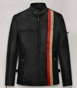 Men's black & red & yellow lambskin leather jacket-straight zipper & café racer collar biker style