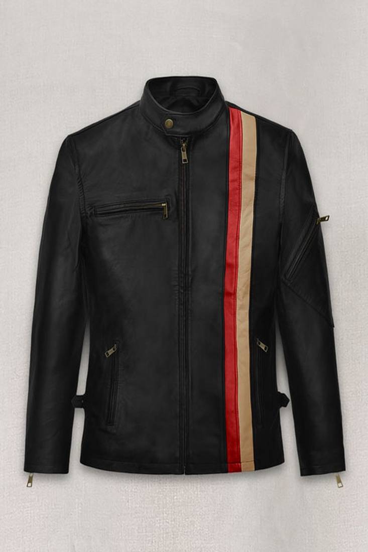Men's black & red & yellow lambskin leather jacket-straight zipper & café racer collar biker style