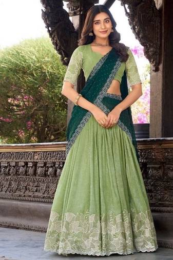 New Trendy Latest Green Color Designer Party Wear Embroidered Lehenga Choli Set