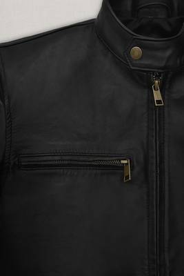 Men's black & red & yellow lambskin leather jacket-straight zipper & café racer collar biker style 3