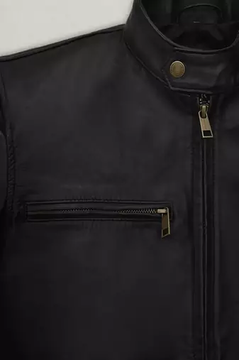 Men's black & red & yellow lambskin leather jacket-straight zipper & café racer collar biker style