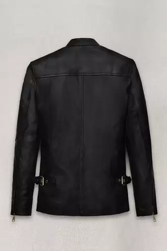 Men's black & red & yellow lambskin leather jacket-straight zipper & café racer collar biker style