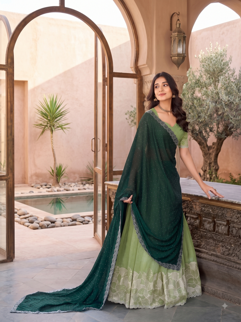 Green Color Party Wear Embroidered Lehenga Choli Set