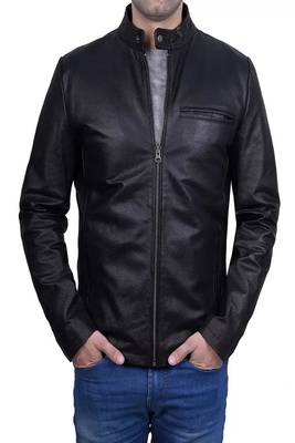 Men's black lambskin leather jacket-straight zipper & café racer collar biker style 1