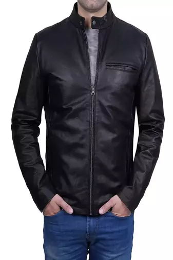 Men's black lambskin leather jacket-straight zipper & café racer collar biker style