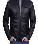 Men's black lambskin leather jacket-straight zipper & café racer collar biker style