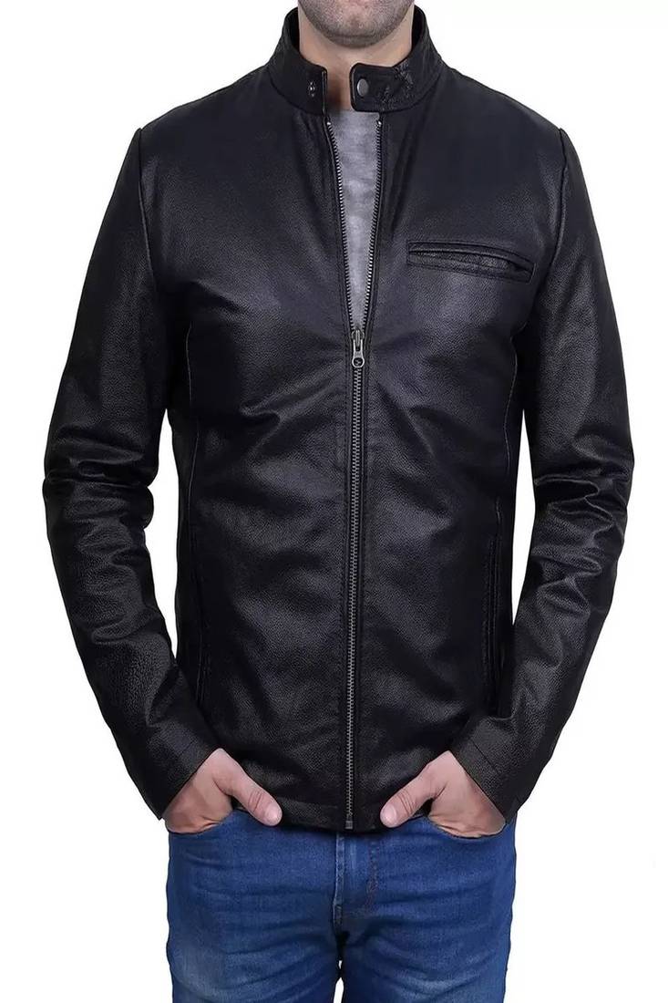Men's black lambskin leather jacket-straight zipper & café racer collar biker style
