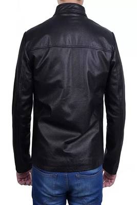Men's black lambskin leather jacket-straight zipper & café racer collar biker style 2