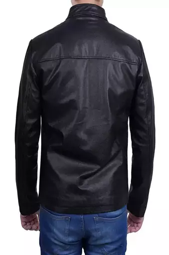 Men's black lambskin leather jacket-straight zipper & café racer collar biker style