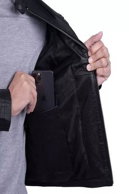 Men's black lambskin leather jacket-straight zipper & café racer collar biker style 3