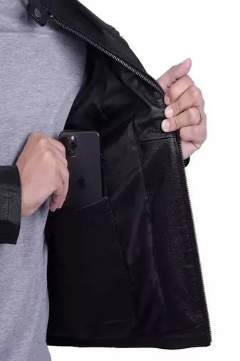 Men's black lambskin leather jacket-straight zipper & café racer collar biker style