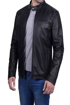 Men's black lambskin leather jacket-straight zipper & café racer collar biker style 4