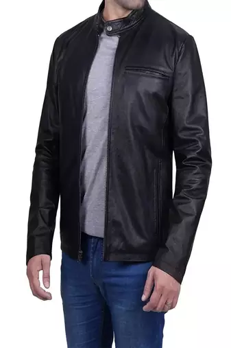 Men's black lambskin leather jacket-straight zipper & café racer collar biker style