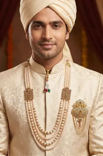   groom sherwani necklace moti mala layered for wedding | groom mala with brooch set
