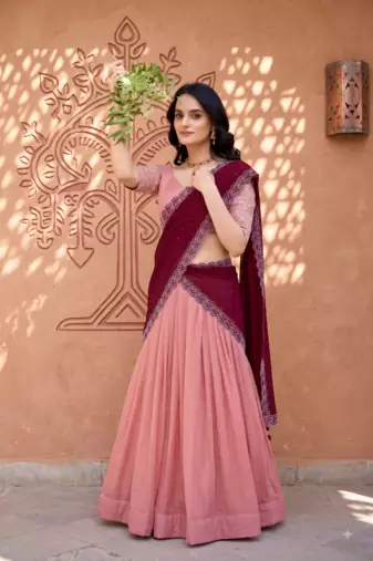 Peach Color Party Wear Embroidered Lehenga Choli Set