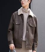Men's brown lambskin leather jacket-2 envelope pocket & snap button biker style