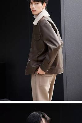 Men's brown lambskin leather jacket-2 envelope pocket & snap button biker style 2