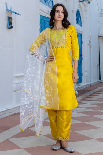 yellow fancy silk blend kurta set