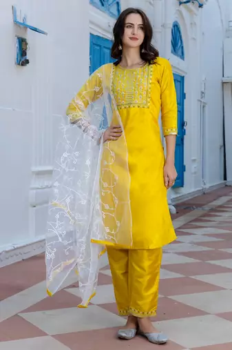 yellow fancy silk blend kurta set