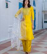 yellow fancy silk blend kurta set