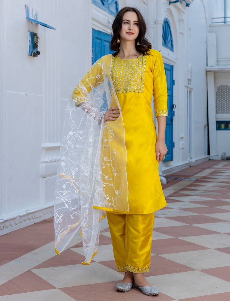 yellow fancy silk blend kurta set